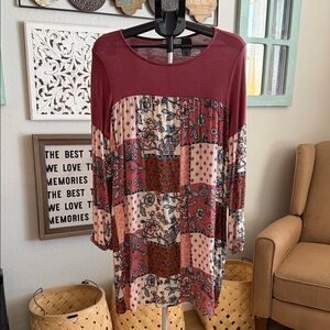 Elegant Patchwork Tunic in Burgundy and Peach